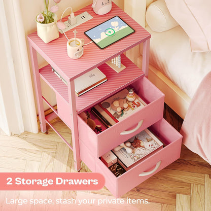 Nightstand with Charging Station, Side Table with Fabric Drawers