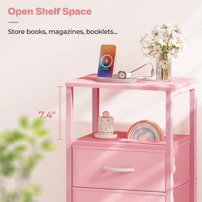 Nightstand with Charging Station, Side Table with Fabric Drawers