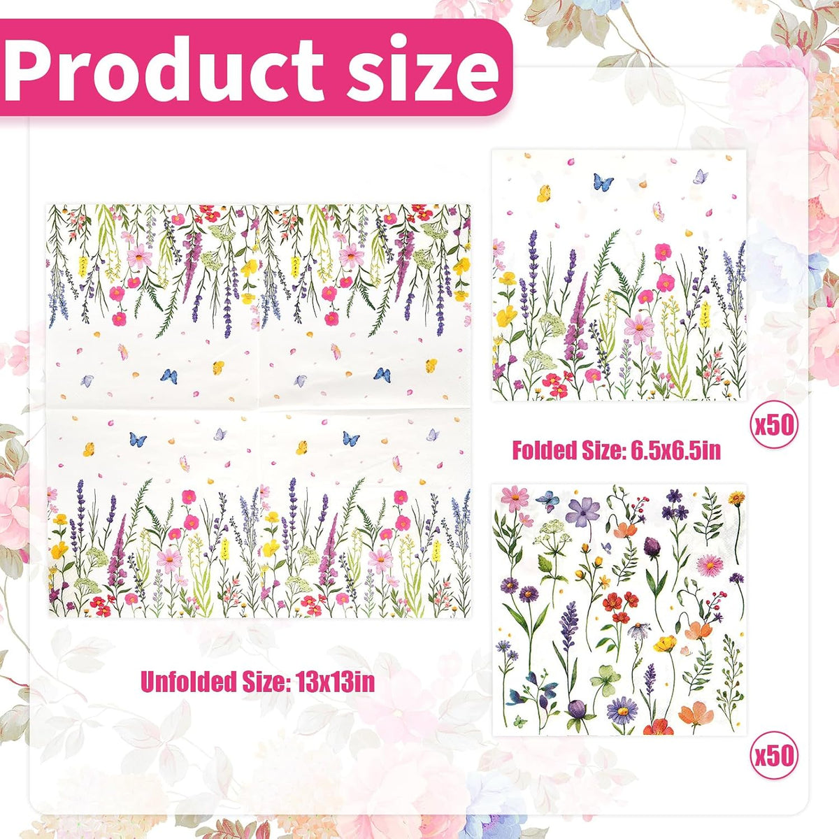 Floral Paper Napkins, Wildflower Party Napkins 100 Pack, 13 X 13 Inches