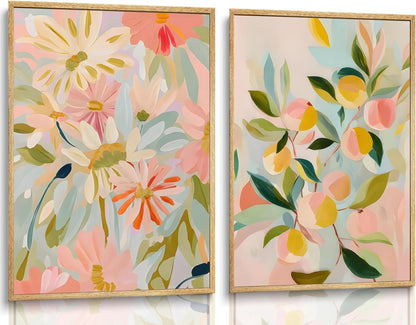 2pcs Abstract Floral And Fruit Canvas Wall Art Peach and Wildflowers Posters Prints Soft Bohemian style Pictures Wall Decor Artwork for Living Room Bedroom Unframed