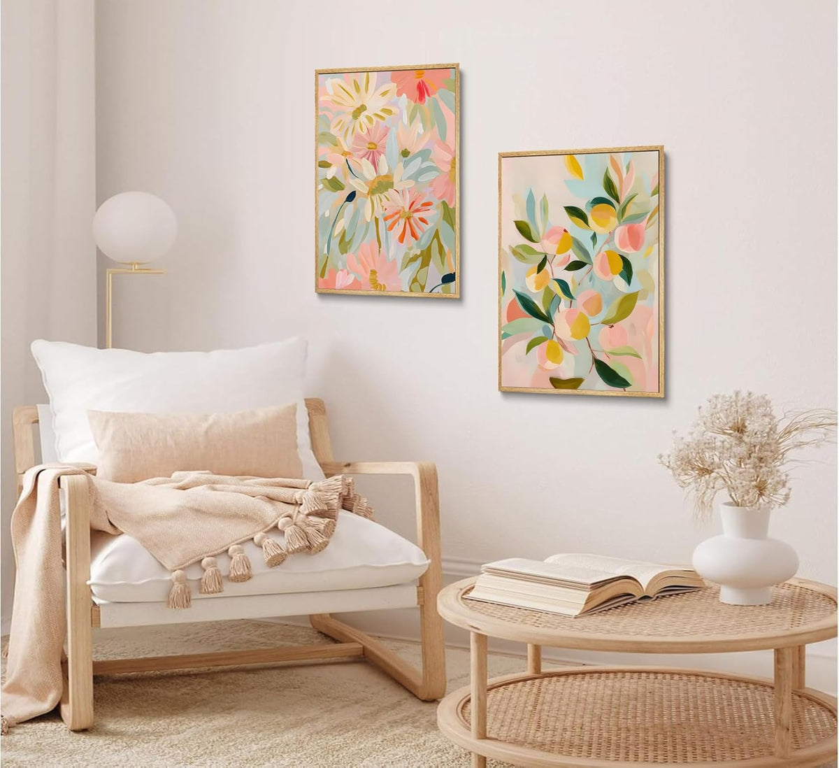 2pcs Abstract Floral And Fruit Canvas Wall Art Peach and Wildflowers Posters Prints Soft Bohemian style Pictures Wall Decor Artwork for Living Room Bedroom Unframed