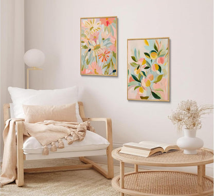 2pcs Abstract Floral And Fruit Canvas Wall Art Peach and Wildflowers Posters Prints Soft Bohemian style Pictures Wall Decor Artwork for Living Room Bedroom Unframed