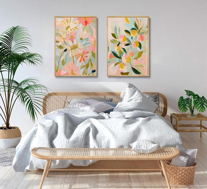 2pcs Abstract Floral And Fruit Canvas Wall Art Peach and Wildflowers Posters Prints Soft Bohemian style Pictures Wall Decor Artwork for Living Room Bedroom Unframed
