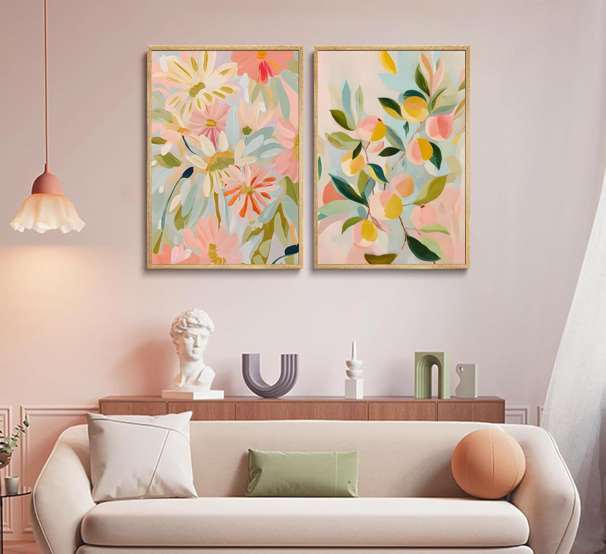 2pcs Abstract Floral And Fruit Canvas Wall Art Peach and Wildflowers Posters Prints Soft Bohemian style Pictures Wall Decor Artwork for Living Room Bedroom Unframed