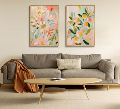 2pcs Abstract Floral And Fruit Canvas Wall Art Peach and Wildflowers Posters Prints Soft Bohemian style Pictures Wall Decor Artwork for Living Room Bedroom Unframed