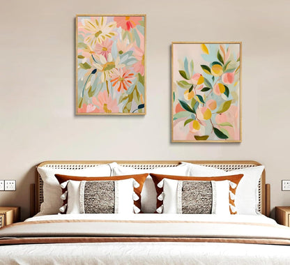 2pcs Abstract Floral And Fruit Canvas Wall Art Peach and Wildflowers Posters Prints Soft Bohemian style Pictures Wall Decor Artwork for Living Room Bedroom Unframed