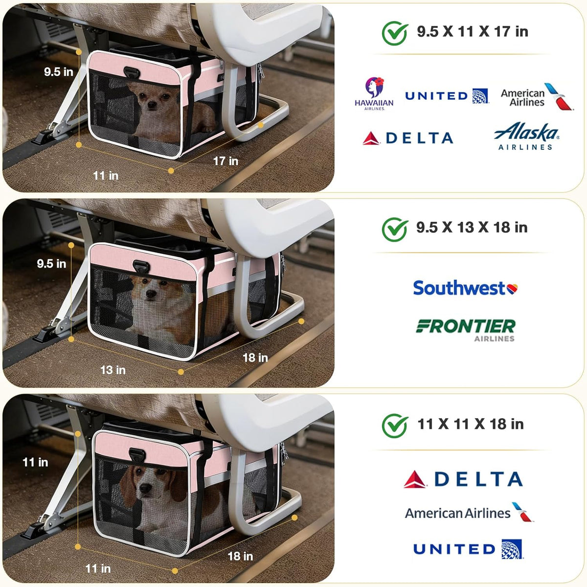 Top-Expandable Pet Carrier 17x11x9.5 Inch Alaska Hawaiian Airline Approved Soft Sided Underseat to 12lbs Travel Carriers for Small Dogs and Cats with Locking Safety Zippers Anti-Scratch Mesh