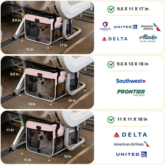Top-Expandable Pet Carrier 17x11x9.5 Inch Alaska Hawaiian Airline Approved Soft Sided Underseat to 12lbs Travel Carriers for Small Dogs and Cats with Locking Safety Zippers Anti-Scratch Mesh