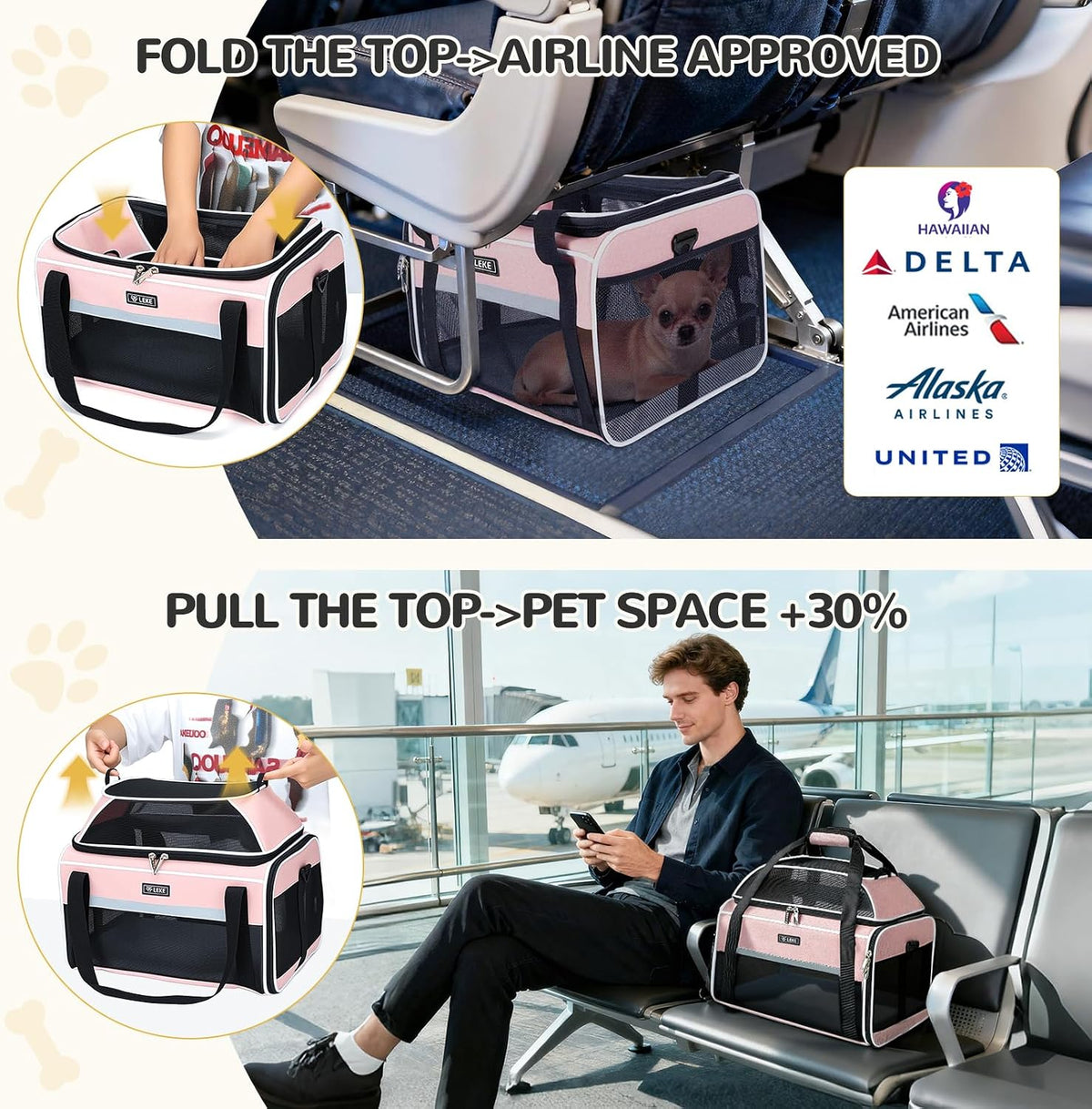 Top-Expandable Pet Carrier 17x11x9.5 Inch Alaska Hawaiian Airline Approved Soft Sided Underseat to 12lbs Travel Carriers for Small Dogs and Cats with Locking Safety Zippers Anti-Scratch Mesh