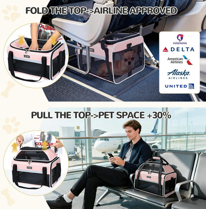 Top-Expandable Pet Carrier 17x11x9.5 Inch Alaska Hawaiian Airline Approved Soft Sided Underseat to 12lbs Travel Carriers for Small Dogs and Cats with Locking Safety Zippers Anti-Scratch Mesh