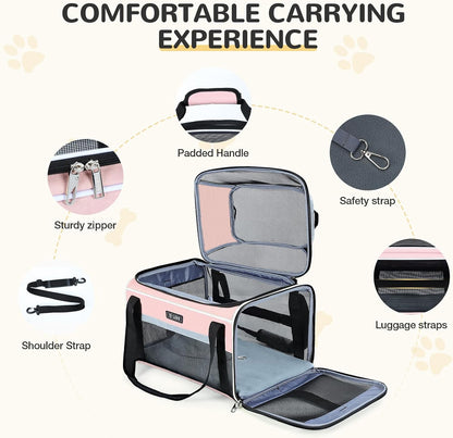 Top-Expandable Pet Carrier 17x11x9.5 Inch Alaska Hawaiian Airline Approved Soft Sided Underseat to 12lbs Travel Carriers for Small Dogs and Cats with Locking Safety Zippers Anti-Scratch Mesh