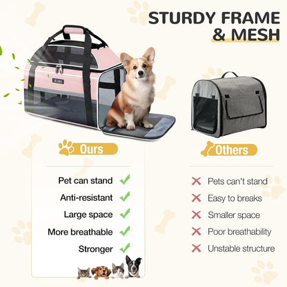 Top-Expandable Pet Carrier 17x11x9.5 Inch Alaska Hawaiian Airline Approved Soft Sided Underseat to 12lbs Travel Carriers for Small Dogs and Cats with Locking Safety Zippers Anti-Scratch Mesh