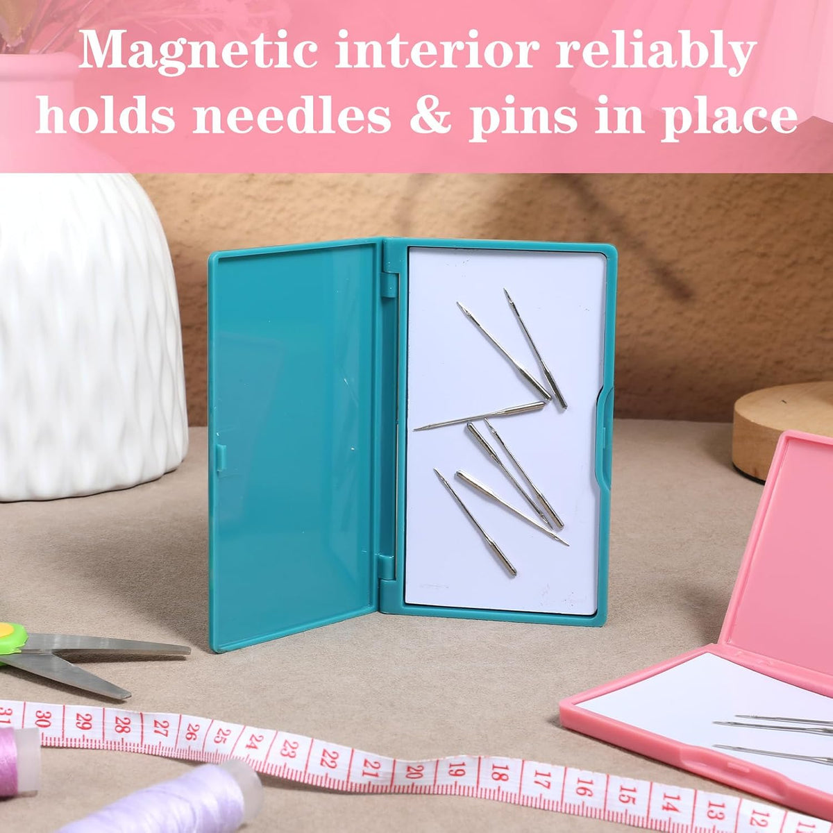 2 Pcs Magnetic Needle Case, Sewing Needle Holder Rectangle Magnetic Needles Holder Portable Sewing Needles Box Sewings Supplies for Pin Holders Organizer (Green & Pink)