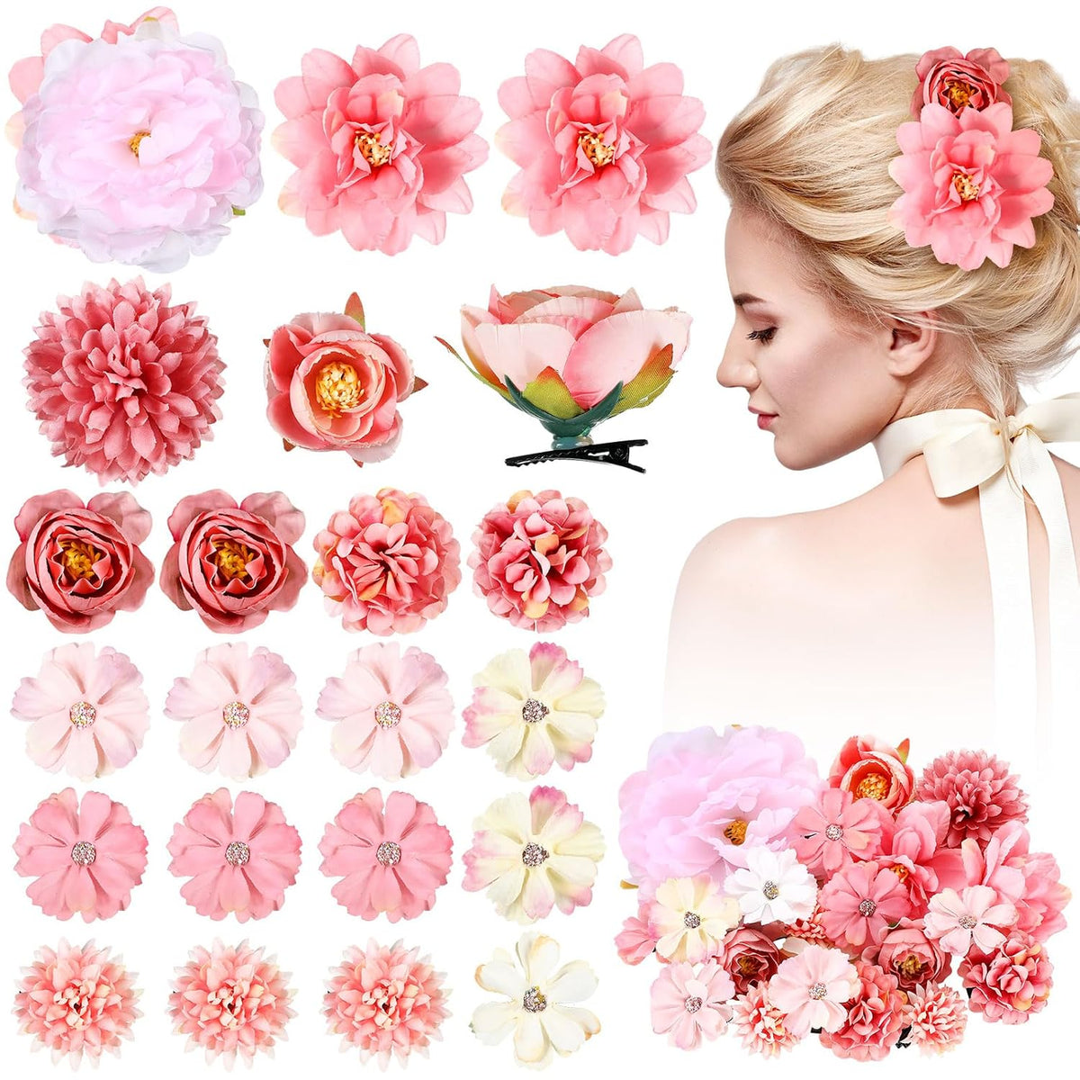 21 Pcs Flower Hair Clips, Floral Pins for Women,Light Pink
