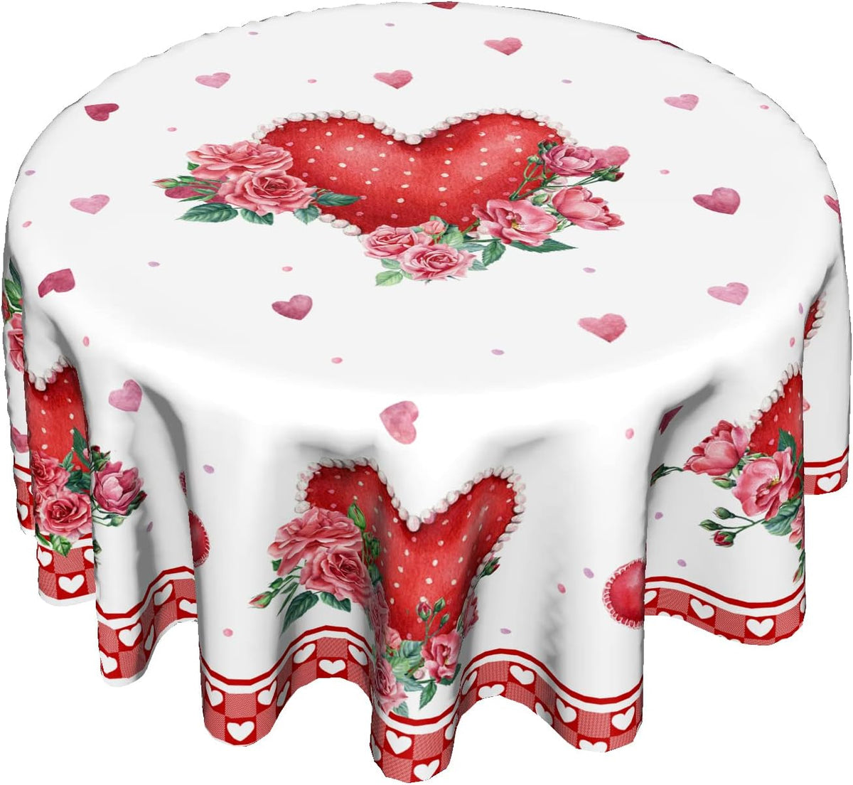 Valentines Day Round Tablecloth 60 Inch, Red Pink Hearts Rose Flower Circular Table Cloth with Check Plaid, Mothers Day Love Table Cover for Kitchen Dining Anniversary Decor