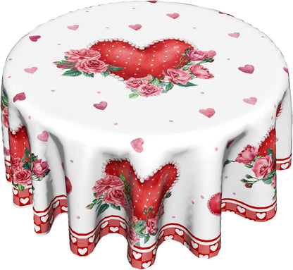 Valentines Day Round Tablecloth 60 Inch, Red Pink Hearts Rose Flower Circular Table Cloth with Check Plaid, Mothers Day Love Table Cover for Kitchen Dining Anniversary Decor