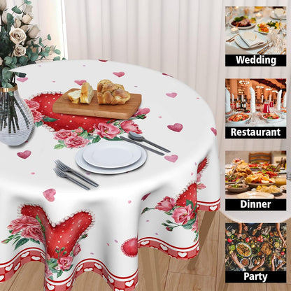 Valentines Day Round Tablecloth 60 Inch, Red Pink Hearts Rose Flower Circular Table Cloth with Check Plaid, Mothers Day Love Table Cover for Kitchen Dining Anniversary Decor