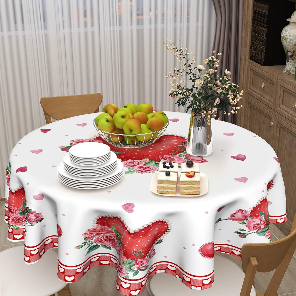 Valentines Day Round Tablecloth 60 Inch, Red Pink Hearts Rose Flower Circular Table Cloth with Check Plaid, Mothers Day Love Table Cover for Kitchen Dining Anniversary Decor