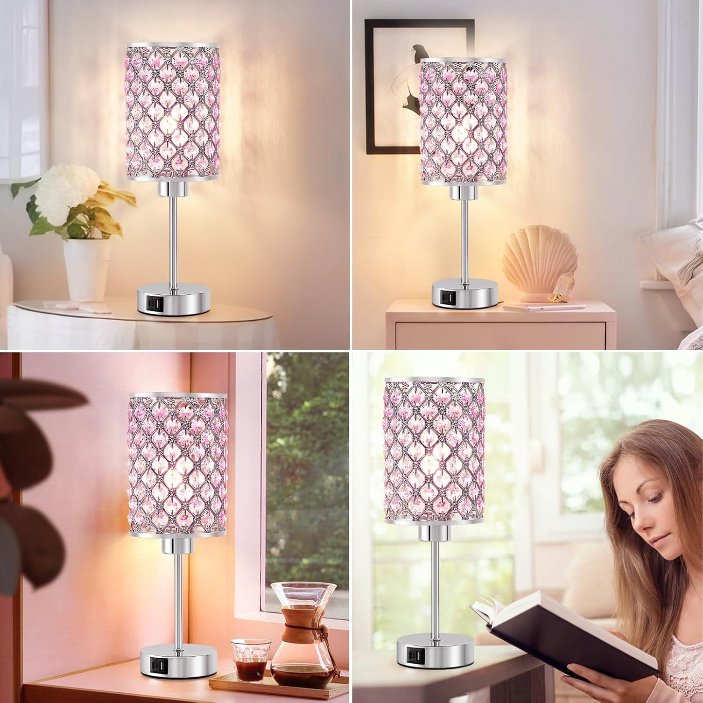 GyroVu Crystal Table Lamp, Pink Touch Lamp with USB C+A Ports, Dimmable Lamp with Crystal Shade, Bedside Lamp Small Lamp for Girl Bedroom, Living Room(Buld Included)