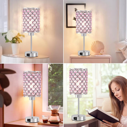 GyroVu Crystal Table Lamp, Pink Touch Lamp with USB C+A Ports, Dimmable Lamp with Crystal Shade, Bedside Lamp Small Lamp for Girl Bedroom, Living Room(Buld Included)