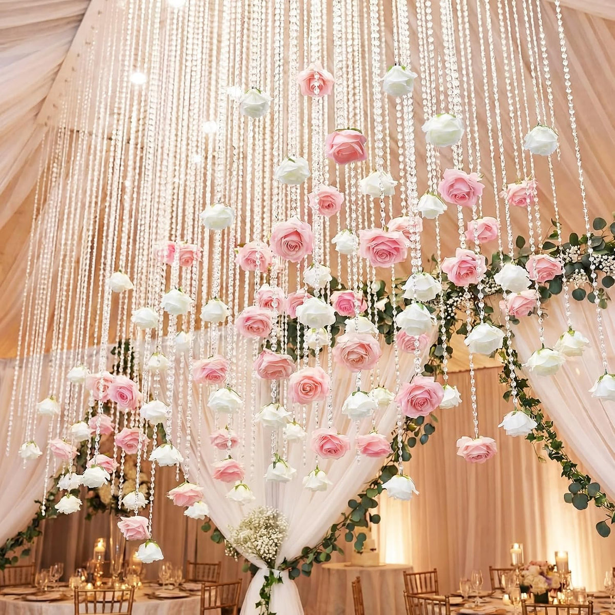 16pcs 31.4 Inch Wedding Rose Hanging Garland Crystal Beaded String Garland Artificial Rose Flower Decor for Wedding Engagement Bridal Shower Party Valentine's Day Party Decorations