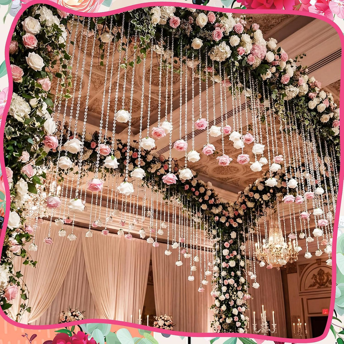 16pcs 31.4 Inch Wedding Rose Hanging Garland Crystal Beaded String Garland Artificial Rose Flower Decor for Wedding Engagement Bridal Shower Party Valentine's Day Party Decorations