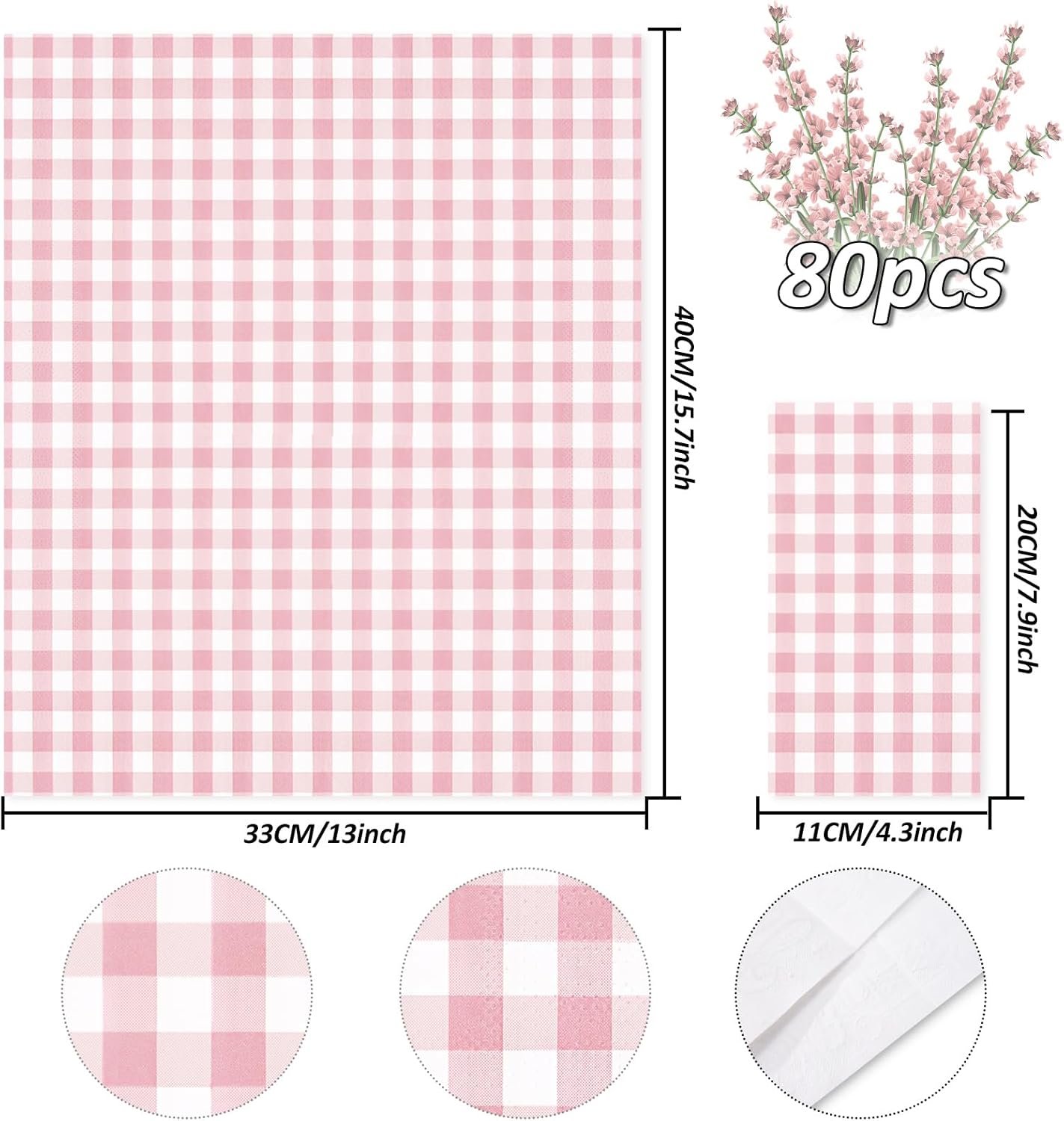 Whaline Light Pink Guest Napkins Buffalo Plaid Disposable Paper Napkins 3 Ply Wedding Dinner Hand Napkin Towel for Birthday Bride Shower Party Supplies Table Decorations, 80Pcs