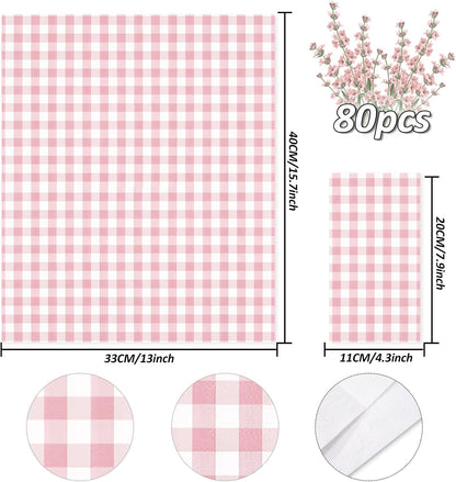 Whaline Light Pink Guest Napkins Buffalo Plaid Disposable Paper Napkins 3 Ply Wedding Dinner Hand Napkin Towel for Birthday Bride Shower Party Supplies Table Decorations, 80Pcs