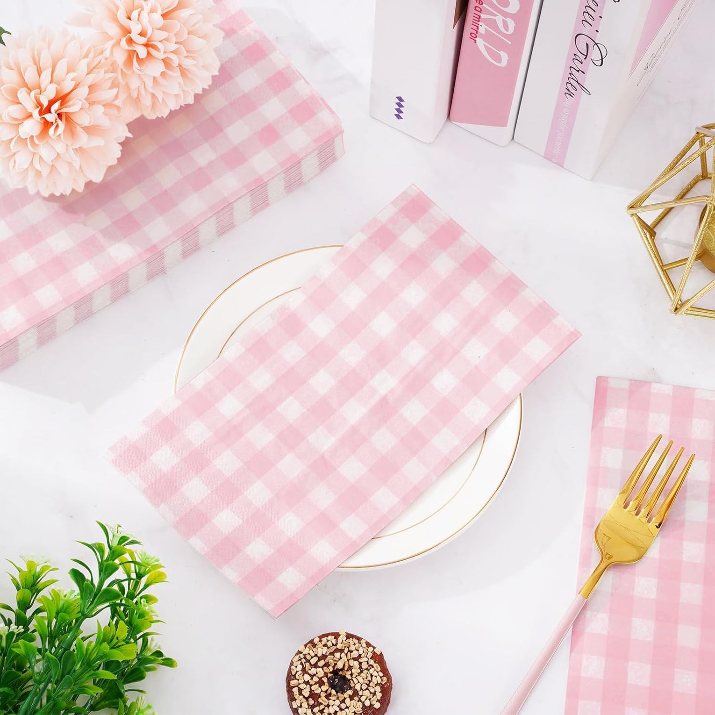 Whaline Light Pink Guest Napkins Buffalo Plaid Disposable Paper Napkins 3 Ply Wedding Dinner Hand Napkin Towel for Birthday Bride Shower Party Supplies Table Decorations, 80Pcs