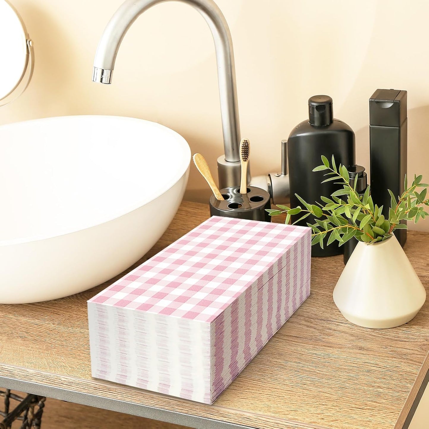 Whaline Light Pink Guest Napkins Buffalo Plaid Disposable Paper Napkins 3 Ply Wedding Dinner Hand Napkin Towel for Birthday Bride Shower Party Supplies Table Decorations, 80Pcs