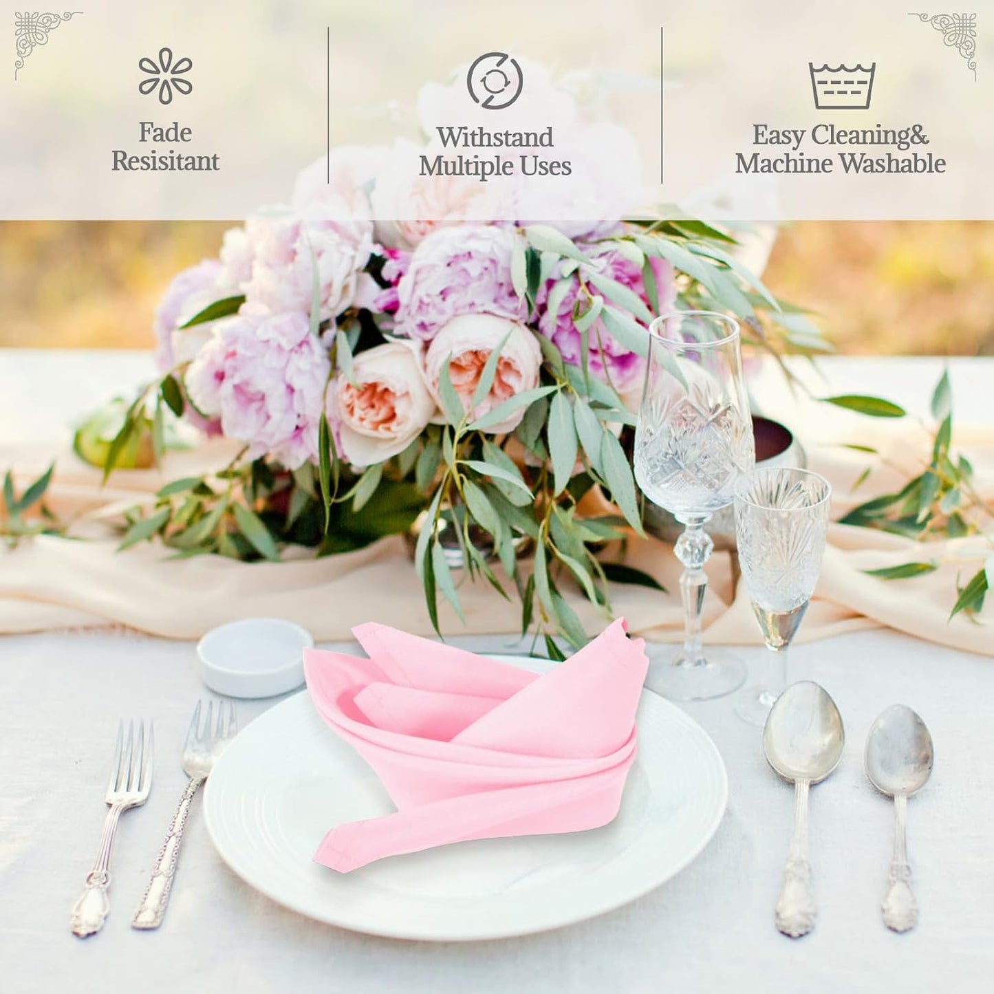PLOYMONO Pink Heavy Duty Cloth Napkins - 17 x 17 Inch Solid Washable Polyester Dinner Napkins - Set of 8 Napkins with Hemmed Edges - Great for Weddings, Parties, Spring, Mother's Day