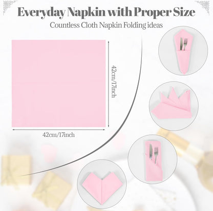 PLOYMONO Pink Heavy Duty Cloth Napkins - 17 x 17 Inch Solid Washable Polyester Dinner Napkins - Set of 8 Napkins with Hemmed Edges - Great for Weddings, Parties, Spring, Mother's Day