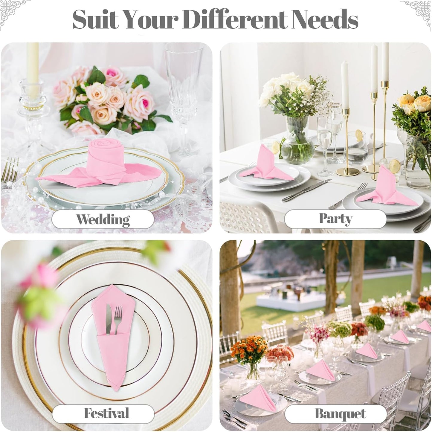 PLOYMONO Pink Heavy Duty Cloth Napkins - 17 x 17 Inch Solid Washable Polyester Dinner Napkins - Set of 8 Napkins with Hemmed Edges - Great for Weddings, Parties, Spring, Mother's Day