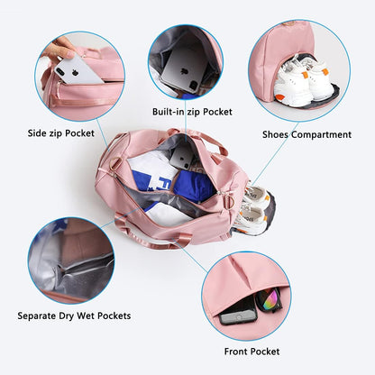 Sports Gym Duffel Bag for Men or Women Waterproof Weekender Travel Bag with Shoes Compartment Dry and Wet Separation for Training Swim Yoga(Pink)