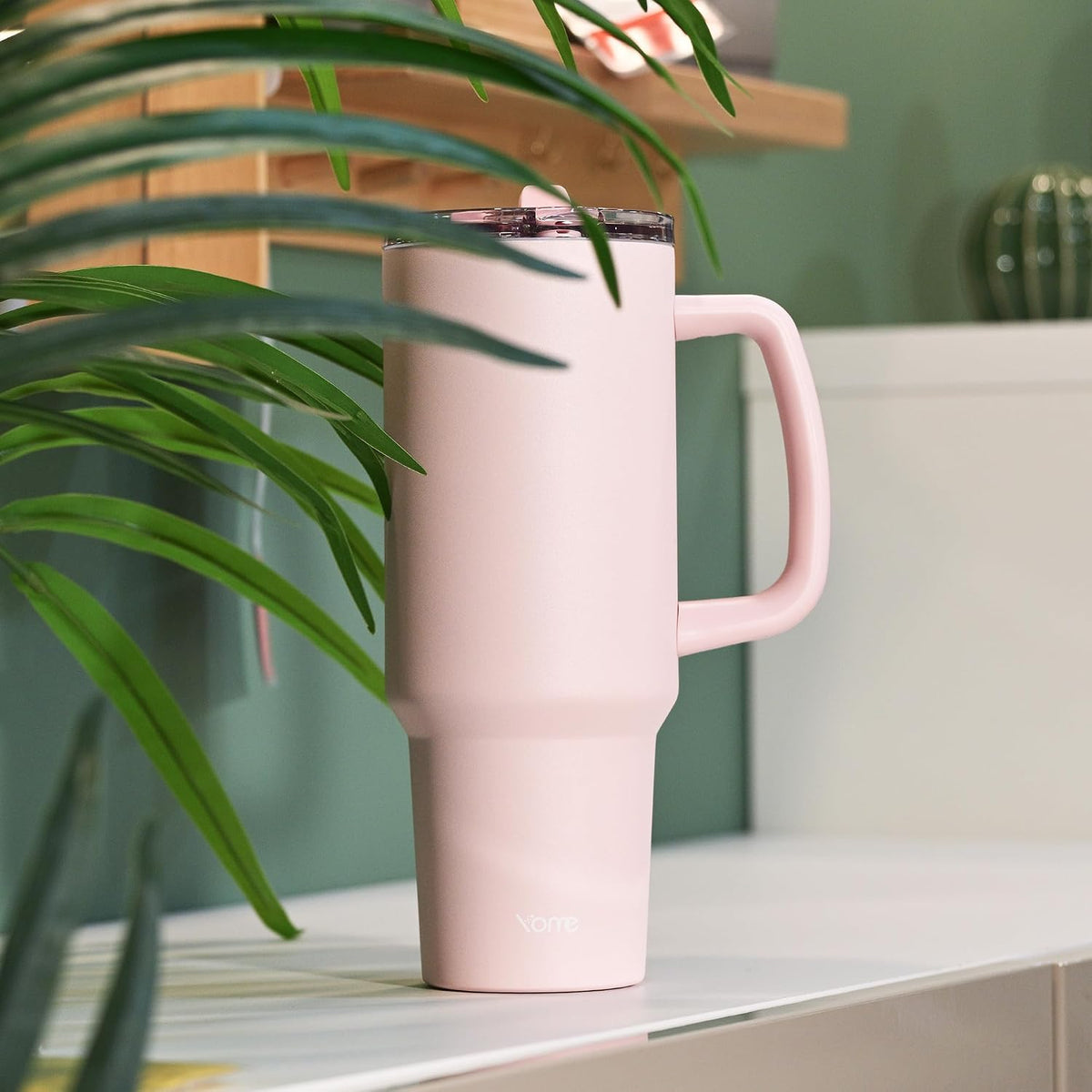 YOME 40oz Light Pink Tumbler with Handle and Flip Straw | Stainless Steel Insulated Cute Water Bottle | Keeps Drinks Cold | Dishwasher Safe | Cupholder Friendly | Gift Gym Travel Yoga