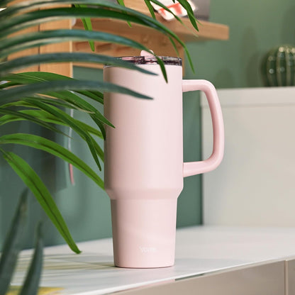 YOME 40oz Light Pink Tumbler with Handle and Flip Straw | Stainless Steel Insulated Cute Water Bottle | Keeps Drinks Cold | Dishwasher Safe | Cupholder Friendly | Gift Gym Travel Yoga