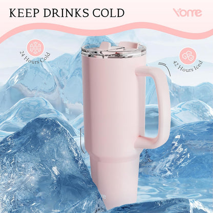 YOME 40oz Light Pink Tumbler with Handle and Flip Straw | Stainless Steel Insulated Cute Water Bottle | Keeps Drinks Cold | Dishwasher Safe | Cupholder Friendly | Gift Gym Travel Yoga