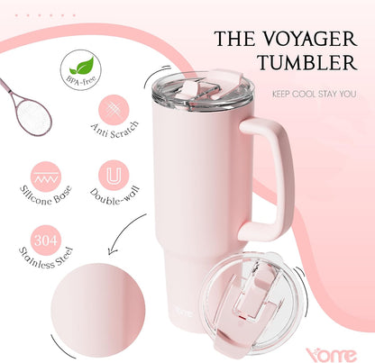 YOME 40oz Light Pink Tumbler with Handle and Flip Straw | Stainless Steel Insulated Cute Water Bottle | Keeps Drinks Cold | Dishwasher Safe | Cupholder Friendly | Gift Gym Travel Yoga