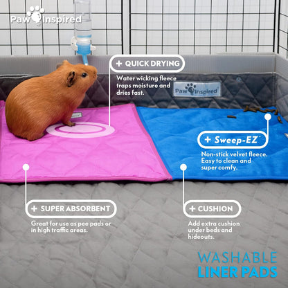 Paw Inspired Guinea Pig Cage Liner Pads | Washable Fleece Bedding, Waterproof Bottom | Super Absorbent Pee Pad or Pet Bed Mat for Guinea Pigs, Ferrets, Rabbits, Hamsters, Small Animals (12"x12", Pink)