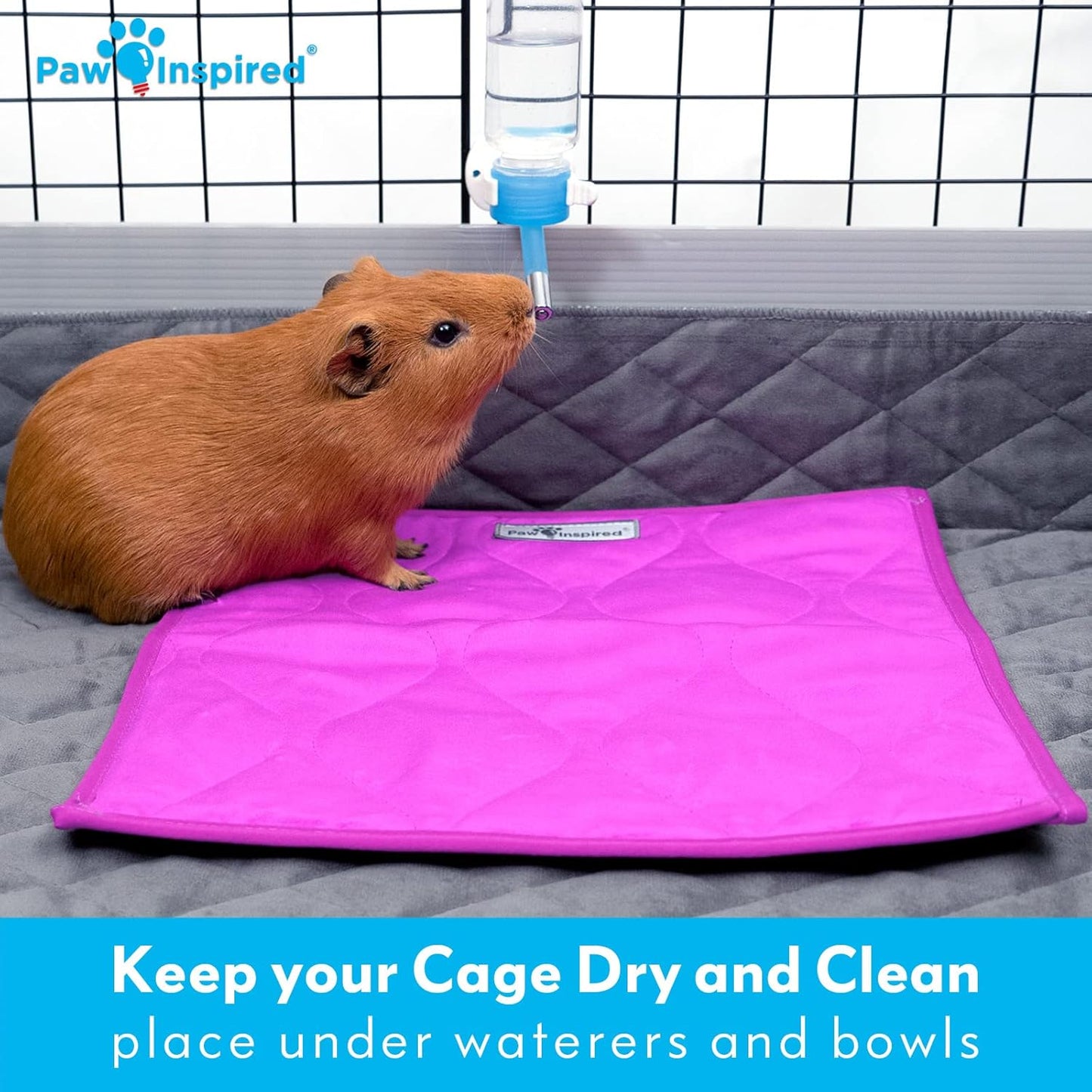 Paw Inspired Guinea Pig Cage Liner Pads | Washable Fleece Bedding, Waterproof Bottom | Super Absorbent Pee Pad or Pet Bed Mat for Guinea Pigs, Ferrets, Rabbits, Hamsters, Small Animals (12"x12", Pink)