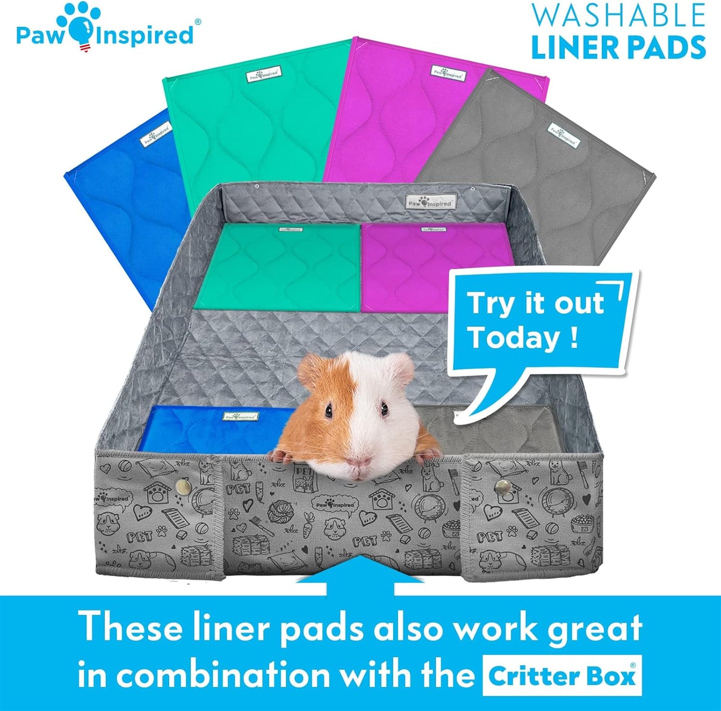 Paw Inspired Guinea Pig Cage Liner Pads | Washable Fleece Bedding, Waterproof Bottom | Super Absorbent Pee Pad or Pet Bed Mat for Guinea Pigs, Ferrets, Rabbits, Hamsters, Small Animals (12"x12", Pink)