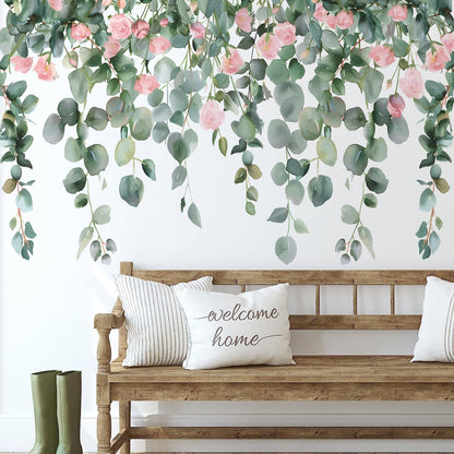 Removable Hanging Vine Floral Wall Stickers DIY Pink Flower Leaf Wall Decals Peel and Stick Green Plants Wall Murals for Baby Girls Nursery Bedroom Living Room Sofa TV Background
