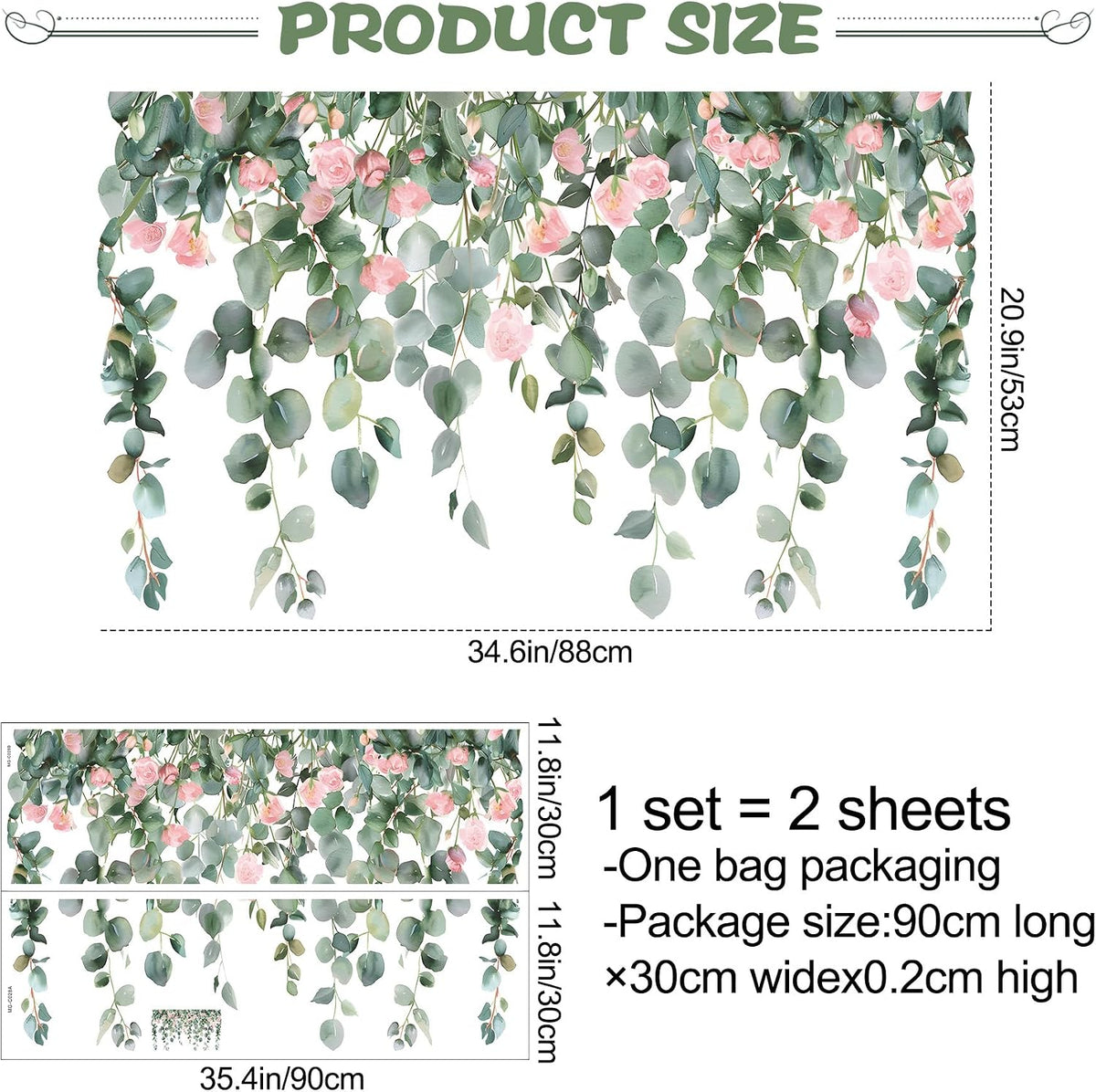 Removable Hanging Vine Floral Wall Stickers DIY Pink Flower Leaf Wall Decals Peel and Stick Green Plants Wall Murals for Baby Girls Nursery Bedroom Living Room Sofa TV Background