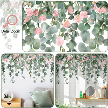 Removable Hanging Vine Floral Wall Stickers DIY Pink Flower Leaf Wall Decals Peel and Stick Green Plants Wall Murals for Baby Girls Nursery Bedroom Living Room Sofa TV Background