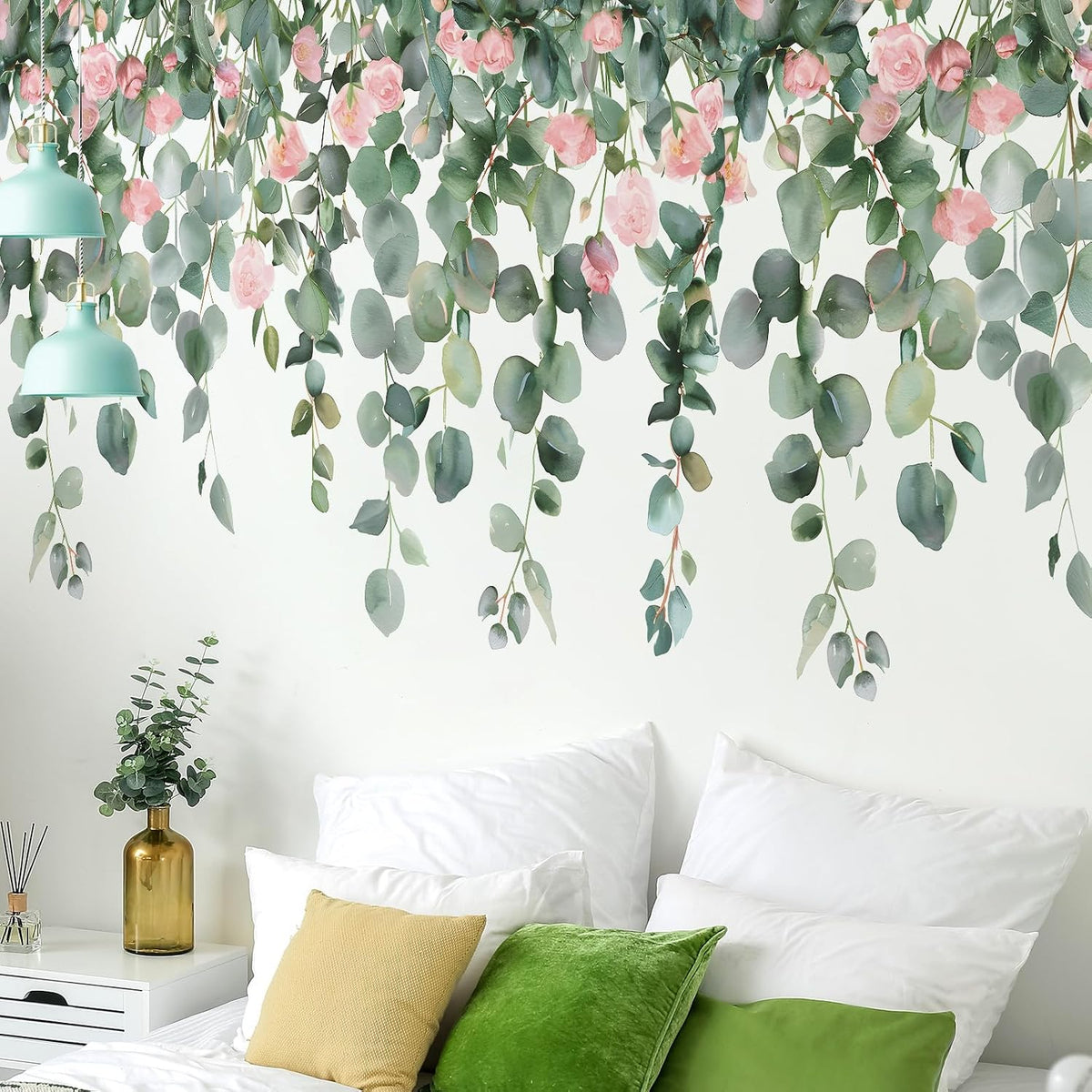 Removable Hanging Vine Floral Wall Stickers DIY Pink Flower Leaf Wall Decals Peel and Stick Green Plants Wall Murals for Baby Girls Nursery Bedroom Living Room Sofa TV Background