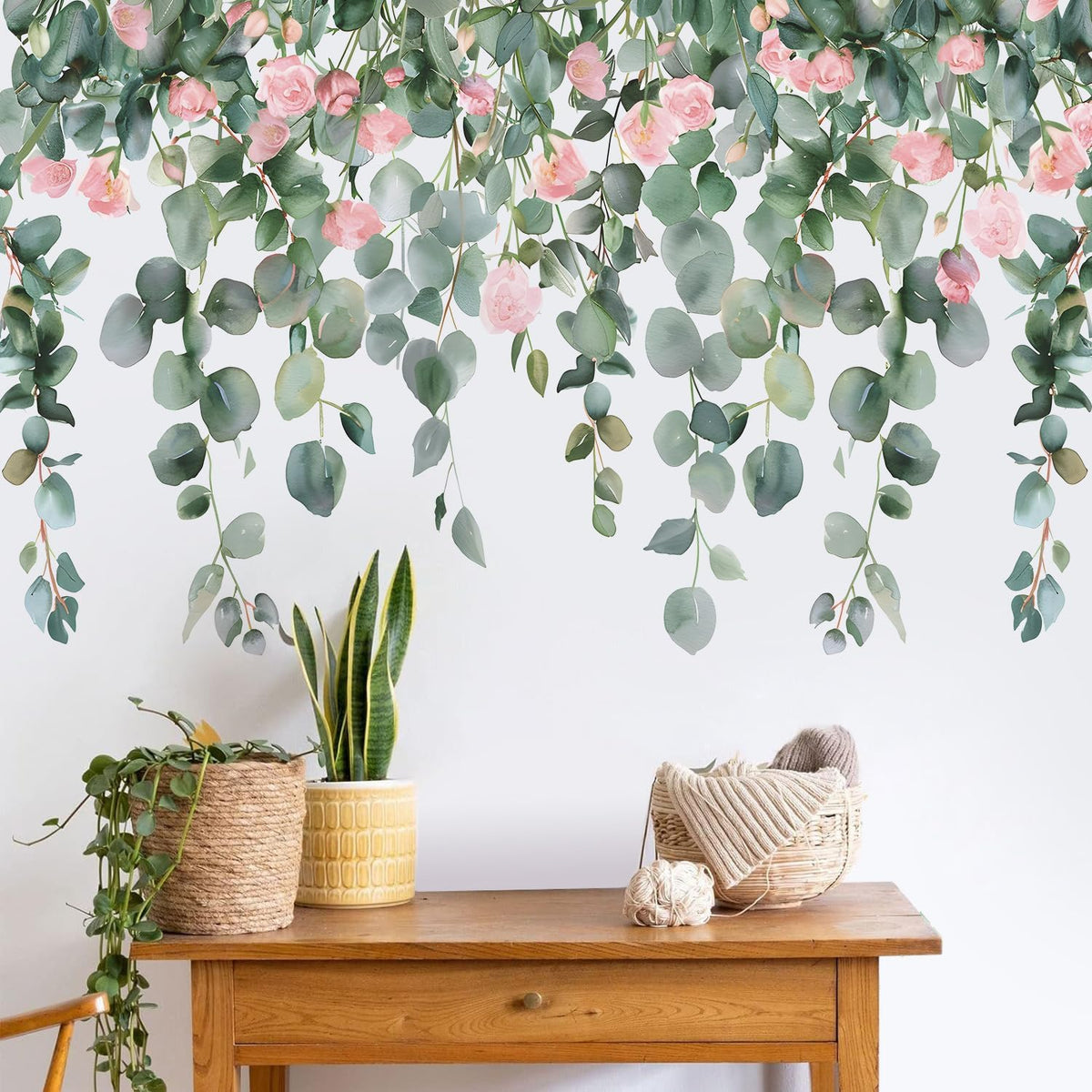 Removable Hanging Vine Floral Wall Stickers DIY Pink Flower Leaf Wall Decals Peel and Stick Green Plants Wall Murals for Baby Girls Nursery Bedroom Living Room Sofa TV Background