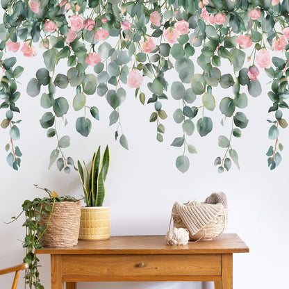 Removable Hanging Vine Floral Wall Stickers DIY Pink Flower Leaf Wall Decals Peel and Stick Green Plants Wall Murals for Baby Girls Nursery Bedroom Living Room Sofa TV Background