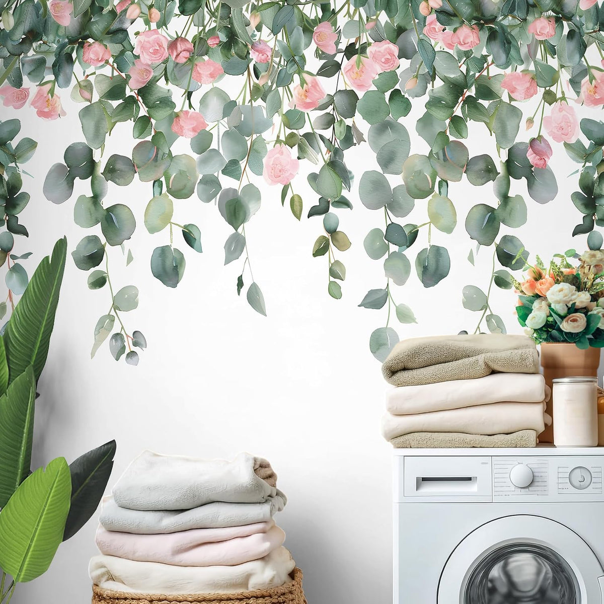 Removable Hanging Vine Floral Wall Stickers DIY Pink Flower Leaf Wall Decals Peel and Stick Green Plants Wall Murals for Baby Girls Nursery Bedroom Living Room Sofa TV Background