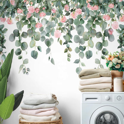 Removable Hanging Vine Floral Wall Stickers DIY Pink Flower Leaf Wall Decals Peel and Stick Green Plants Wall Murals for Baby Girls Nursery Bedroom Living Room Sofa TV Background