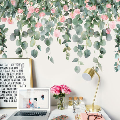 Removable Hanging Vine Floral Wall Stickers DIY Pink Flower Leaf Wall Decals Peel and Stick Green Plants Wall Murals for Baby Girls Nursery Bedroom Living Room Sofa TV Background